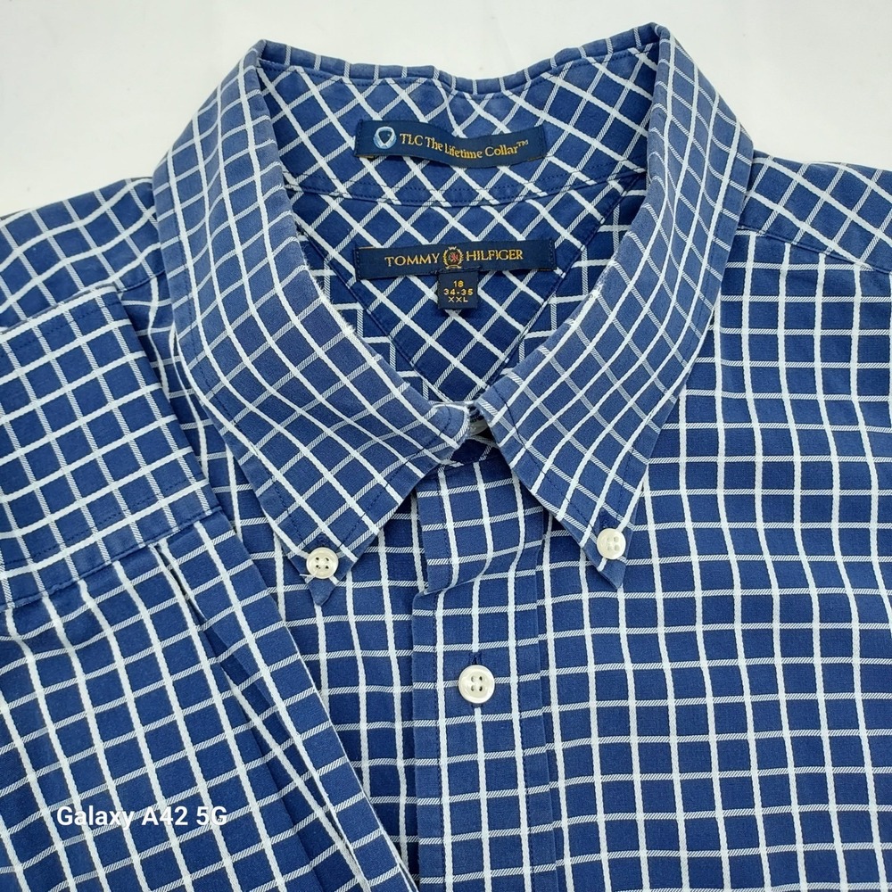 Tommy Hilfiger XXL Blue White Grid Check Button‎ Down Shirt 18 34/35 TLC Collar